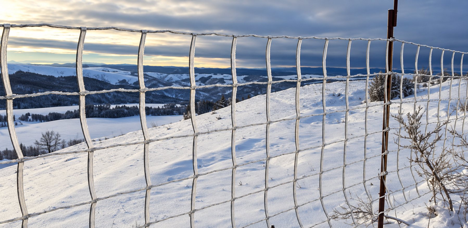 Une clôture en grillage couverte de givre borde une pente enneigée avec des collines et un ciel nuageux en arrière-plan.