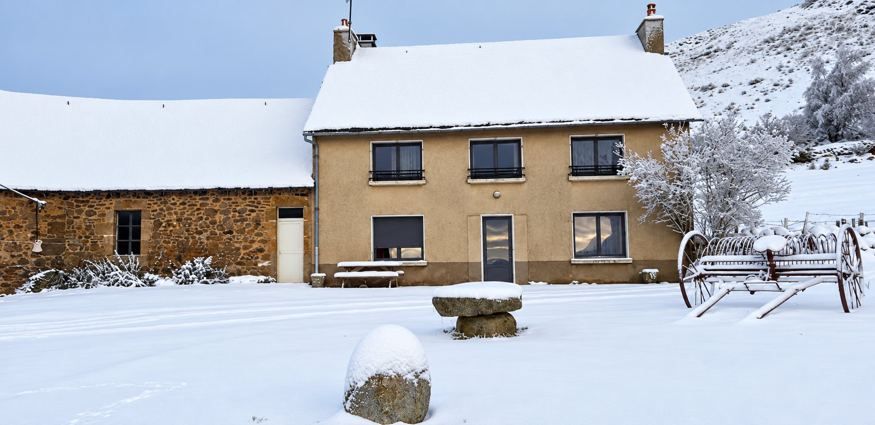 Une maison de campagne au crépi beige et aux murs en pierre, entourée de neige, avec une ancienne faneuse à roues et une colline enneigée en arrière-plan.