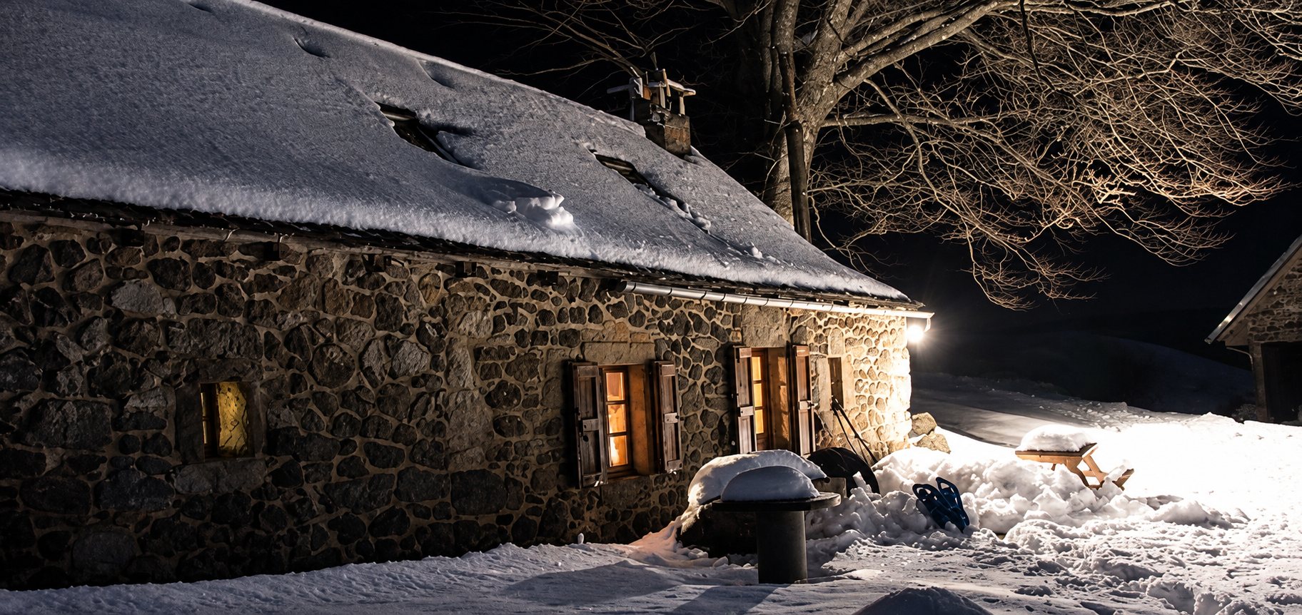 Une maison en pierres au toit couvert de neige, dont les fenêtres sont éclairées, se dresse de nuit près d'arbres nus et d'un tas de neige.
