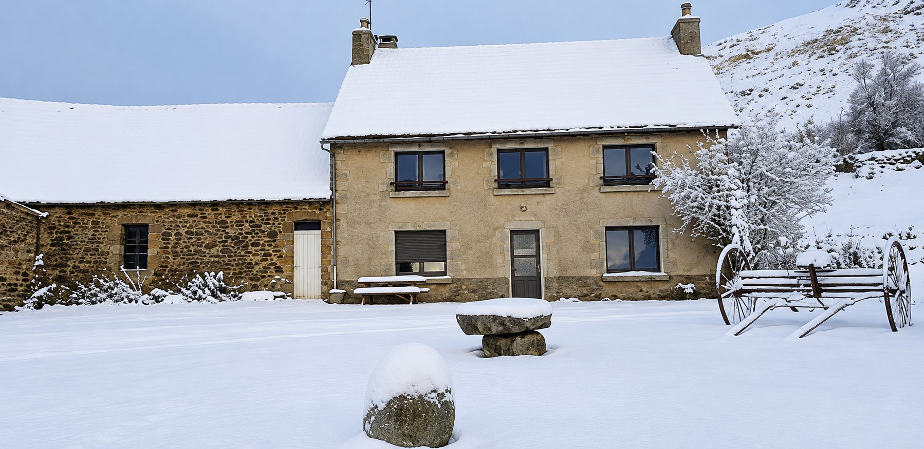 Une maison en pierre au toit enneigé se dresse dans un paysage de montagne recouvert de neige, avec une table en pierre et une vieille charrette au premier plan.